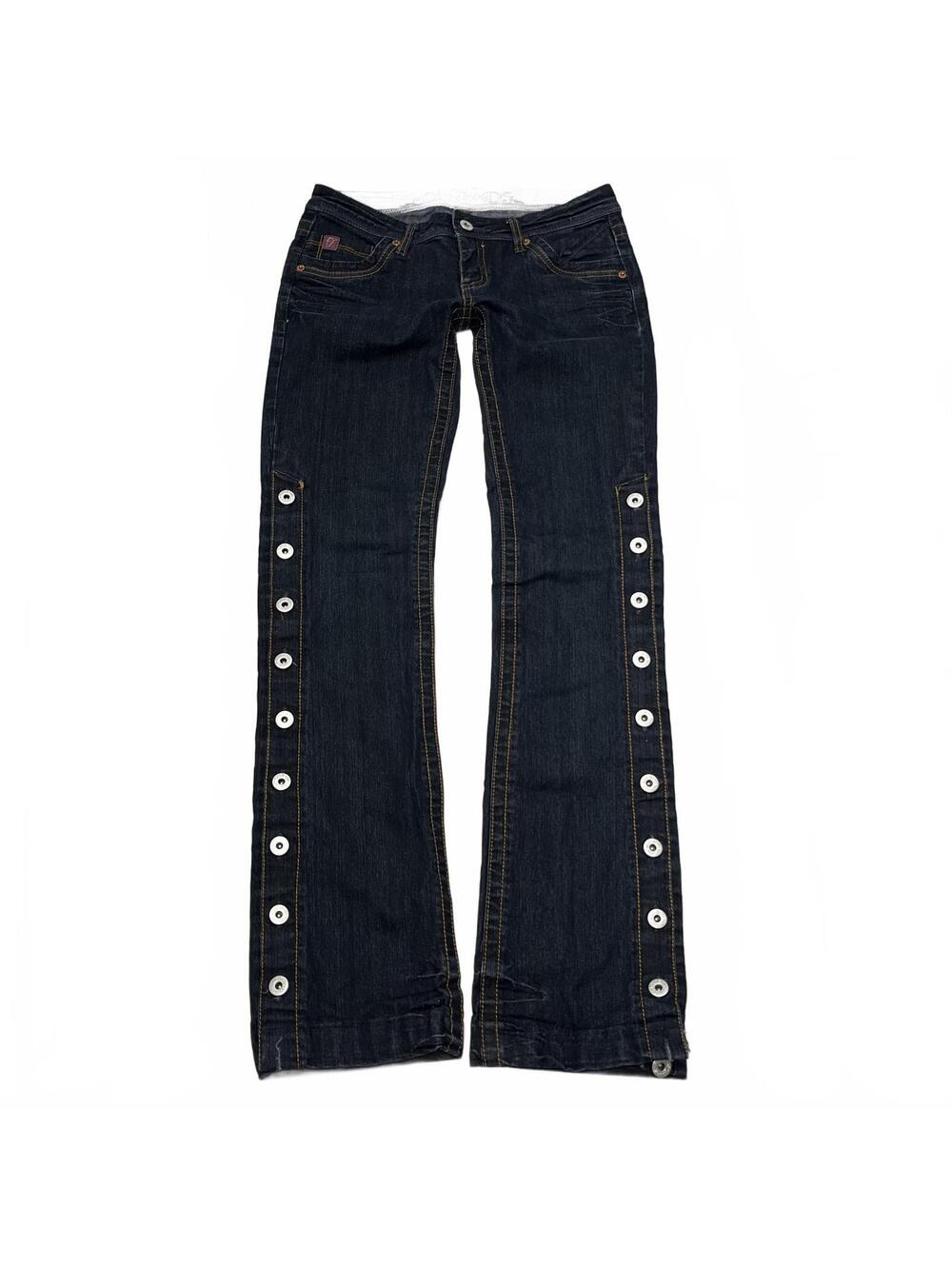 Y2K Foxy Jeans Sz 3 Dark Wash Low Rise Straight Jeans Buttoned Sides Grunge Punk